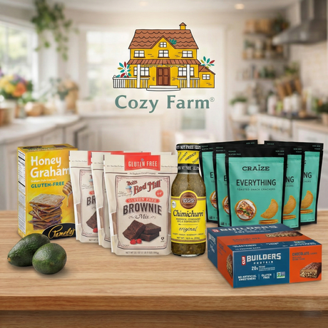 A promotional image for Cozy Farm featuring a variety of grocery items arranged on a light wooden kitchen counter, set against a softly blurred, brightly lit kitchen background.