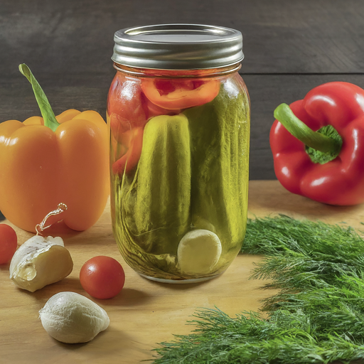 A colorful still life showcasing a glass jar filled with dill pickles, sliced red bell peppers, and cherry peppers, surrounded by fresh dill sprigs and garlic cloves on a wooden cutting board.