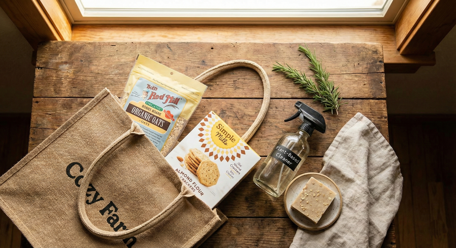 A flat lay photograph showing a Cozy Farm tote bag on a rustic wooden table, filled with toxin-free home essentials including Bob's Red Mill organic oats, Simple Mills crackers, a DIY plant-based cleaner bottle, and natural bar soap.