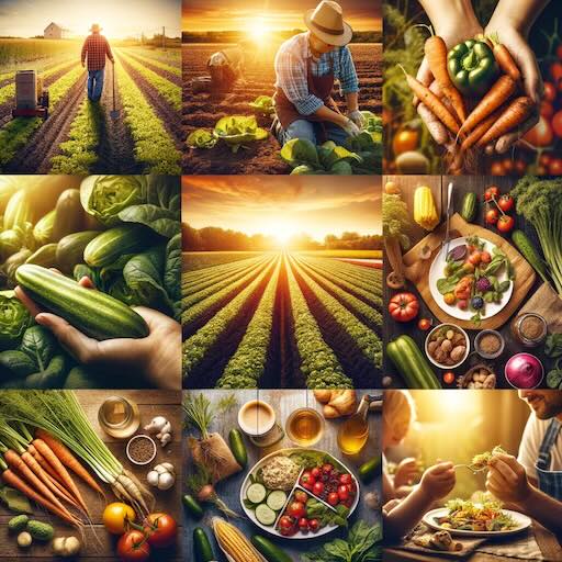 A vibrant, high-quality collage showcasing the journey of organic produce from the farm to the consumer's table. 