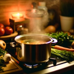 a cozy kitchen scene with a pot of homemade soup on the stove, surrounded by fresh ingredients