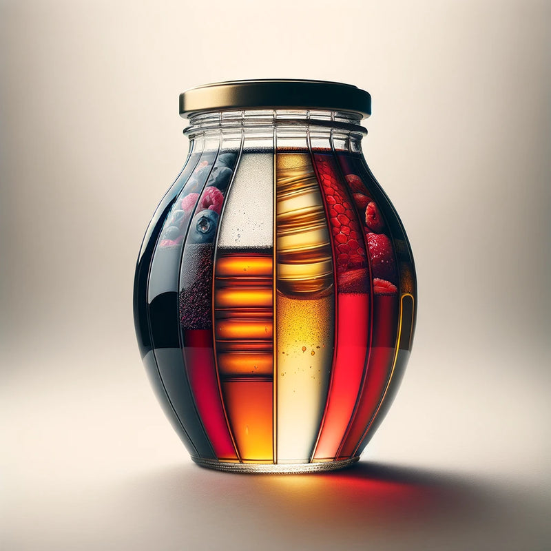 glass jar slightly off-center, filled with a variety of syrups, including maple syrup, honey, agave nectar, corn syrup, and fruit syrups like blueberry or strawberry.