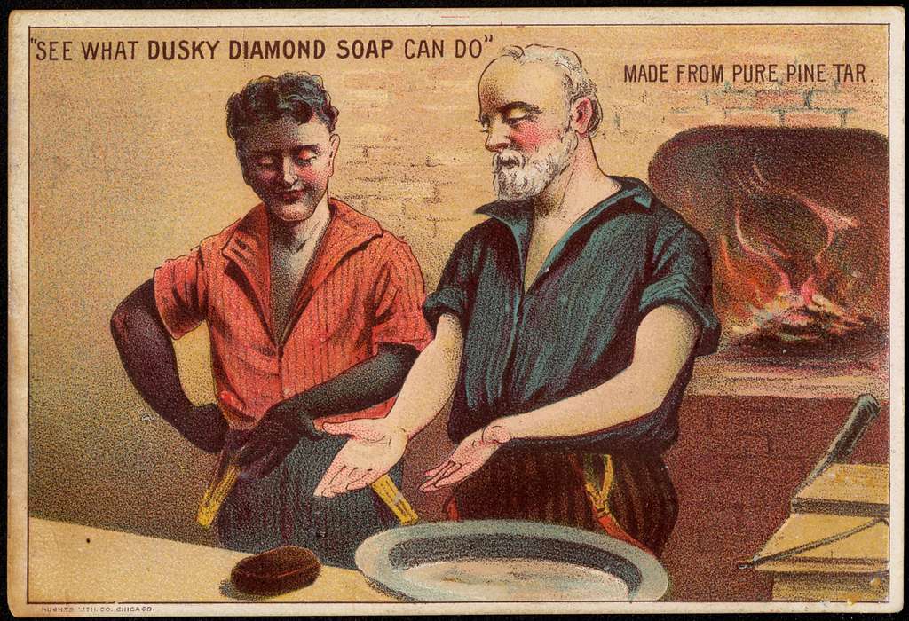 a vintage advertisement for "Dusky Diamond Soap," which is made from pure pine tar. 