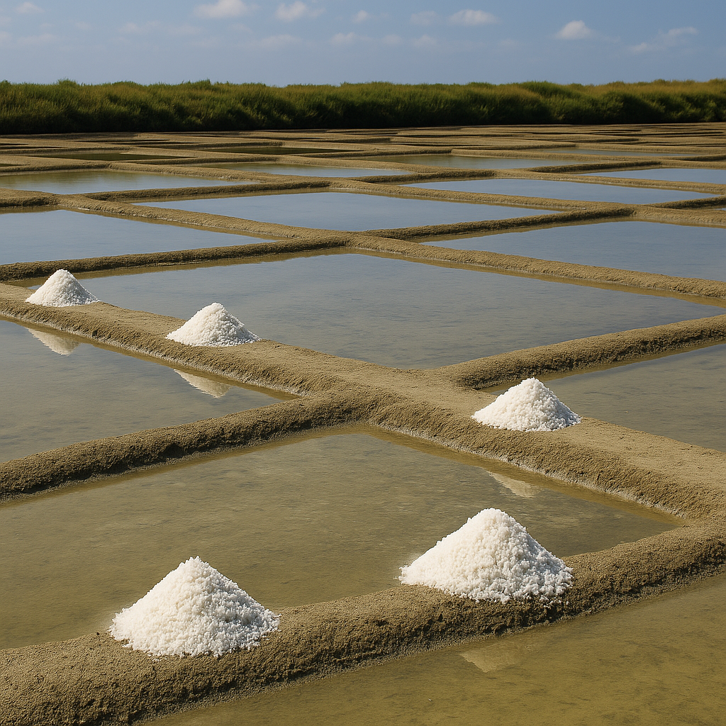 Traditional Celtic sea salt pan with harvested salt mounds on earthen grids, reflecting the sky under natural sun-drying conditions.