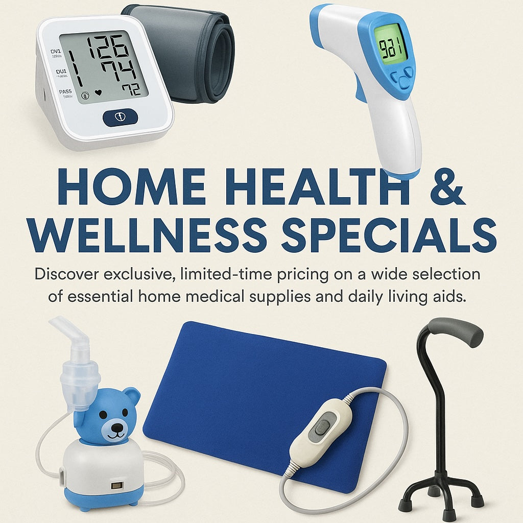 A digital blood pressure monitor, infrared thermometer, blue heating pad, pediatric bear nebulizer, and a quad cane, limited-time savings on essential home medical supplies and daily living aids.