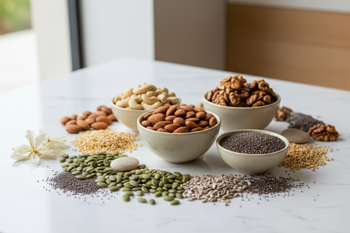 Walnuts, almonds, chia and other seeds as plant-based omega-3 sources