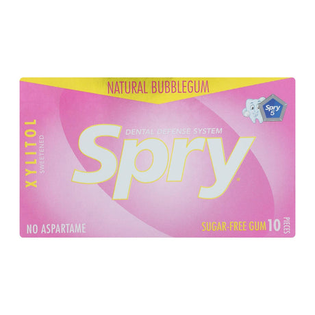 Box of Spry natural bubblegum sugar-free gum with pink and yellow design.