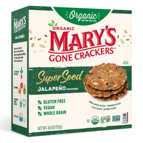 Box of Mary's Gone Crackers SuperSeed Jalapeño Crackers on a white background