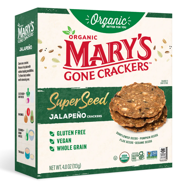 Box of Mary's Gone Crackers SuperSeed Jalapeño Crackers on a white background