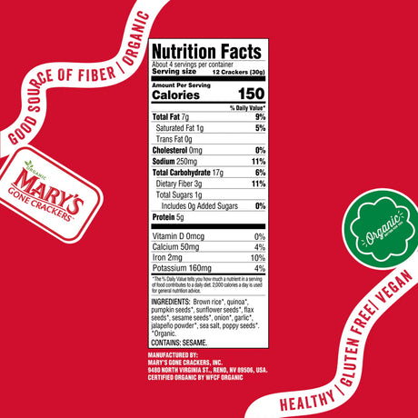 Nutrition facts label for Mary's Gone Crackers on a red background