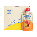 Earth's Best organic apple peach oatmeal pouch with a cardboard box labeled 'Yummy & Tasty'.
