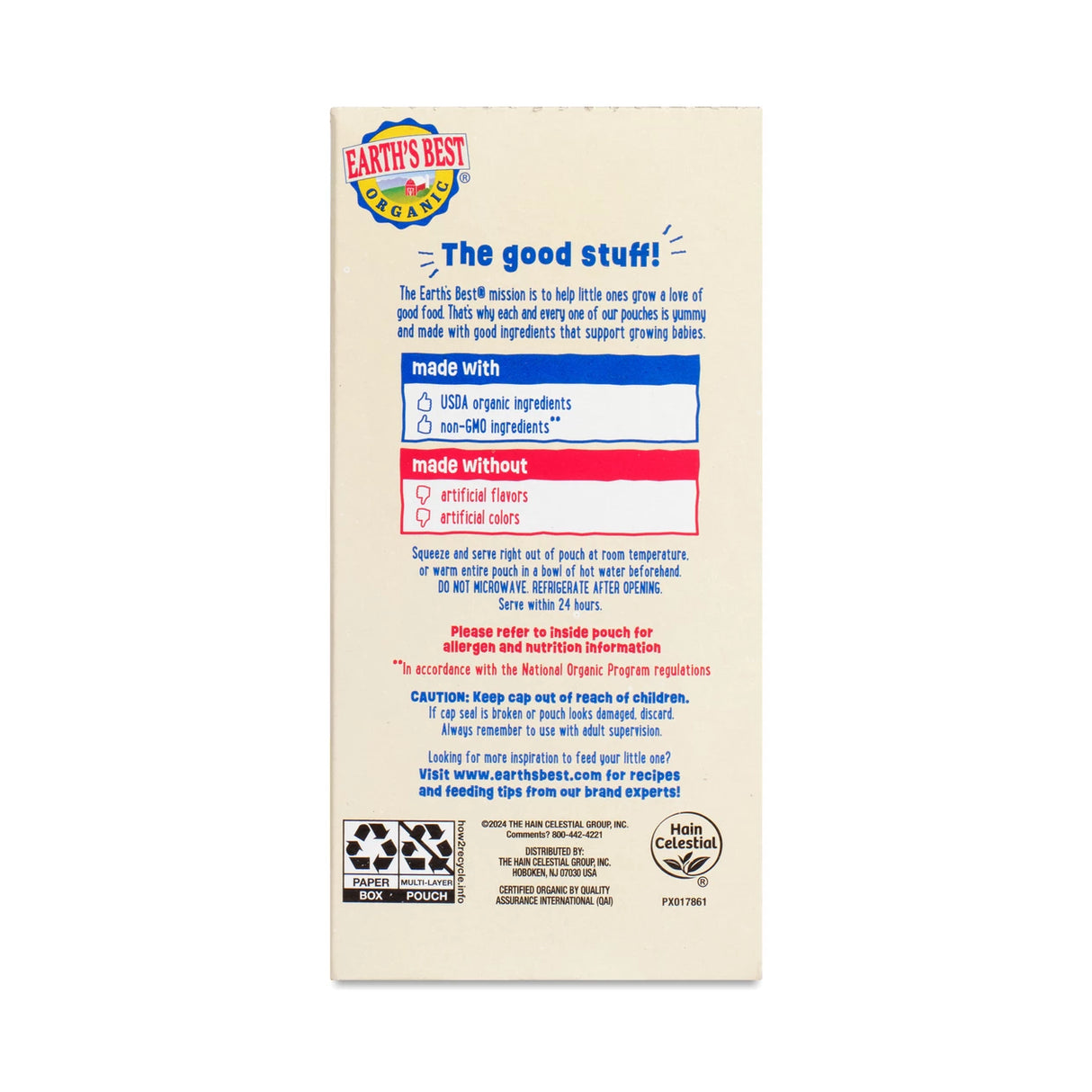 Back of a Earth's Best Organic baby food pouch with text and logo.