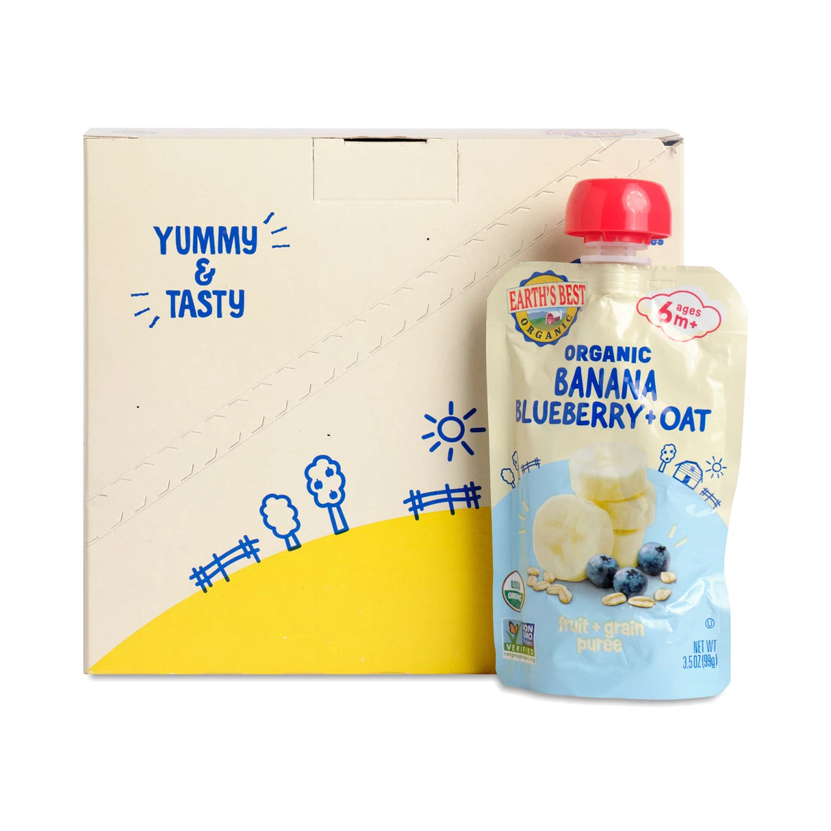 Earth's Best organic banana blueberry oat baby food pouch with packaging on a white background