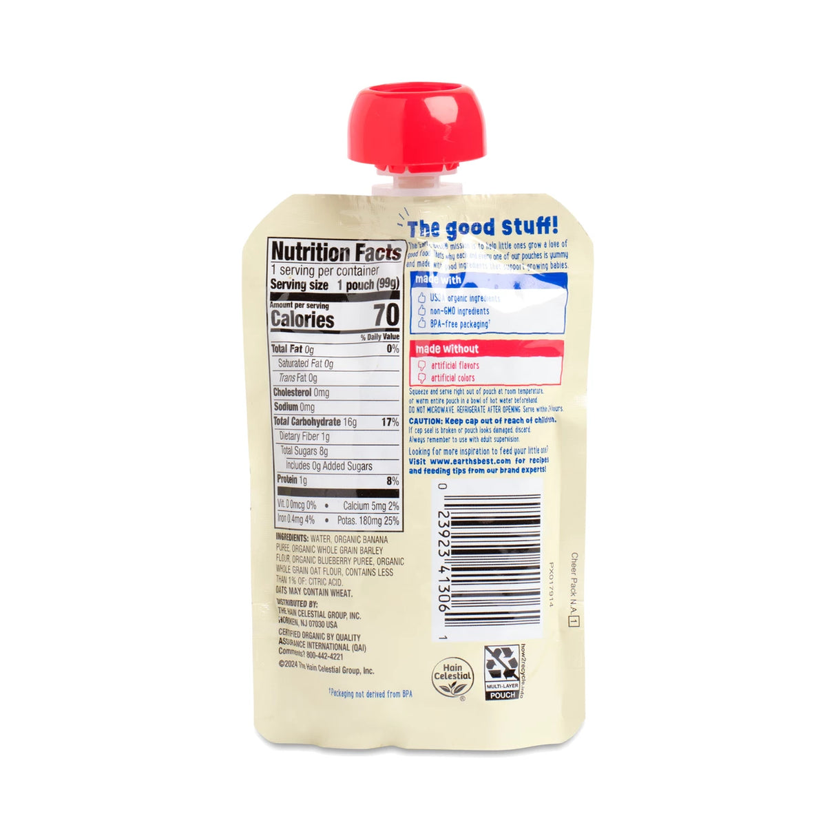 Back view of a food packaging with nutritional information on a white background