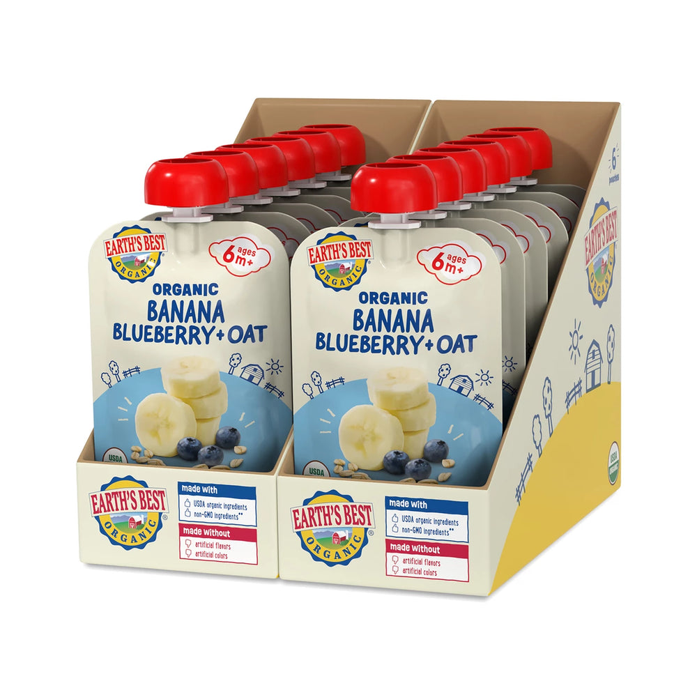 Display of Earth's Best Organic Banana Blueberry Oat baby food pouches with red lids.