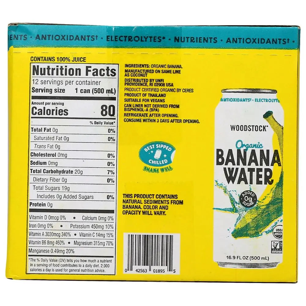 Back of a can of Woodstock Organic Banana Water with nutrition facts and branding details.