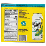 Back of a can of Woodstock Organic Banana Water with nutrition facts and branding details.