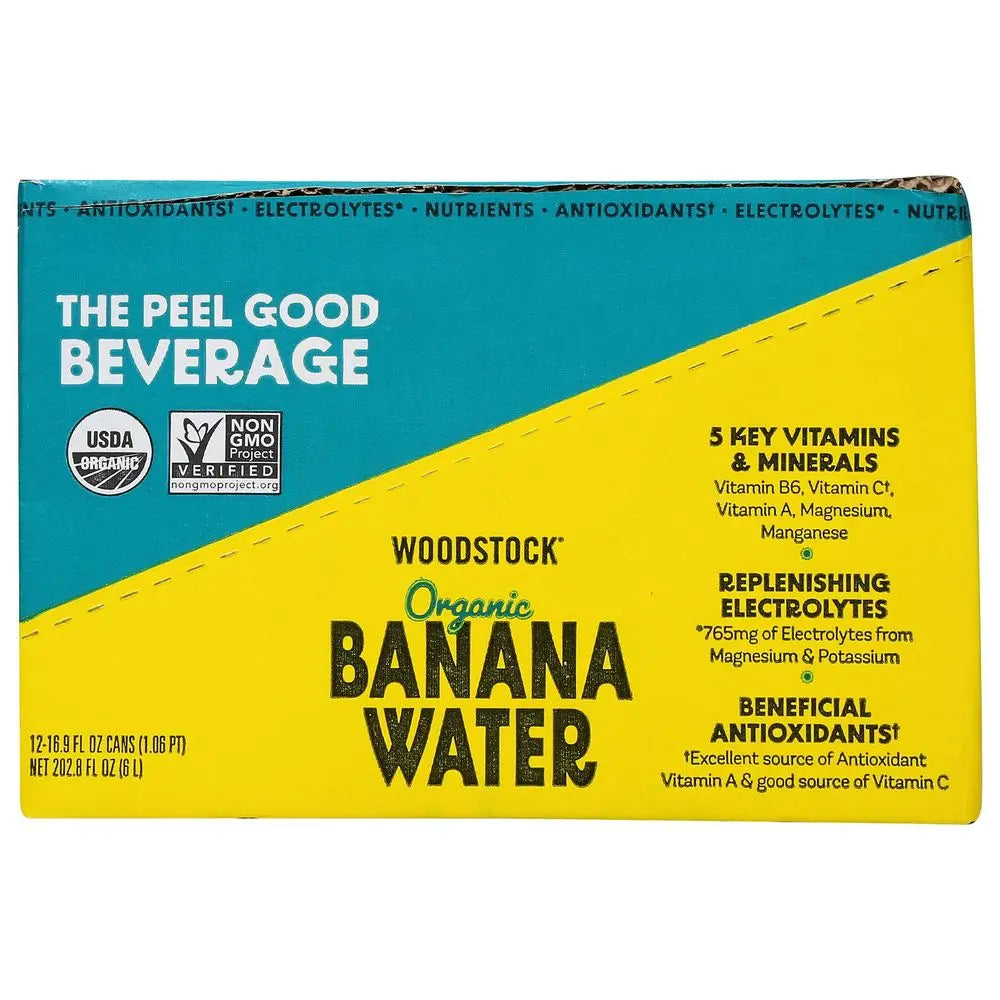 Box of Woodstock Organic Banana Water with blue and yellow design