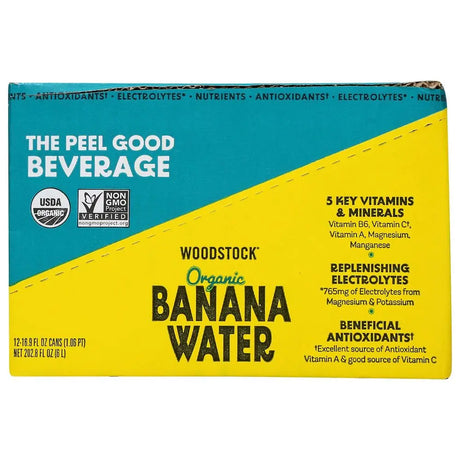Box of Woodstock Organic Banana Water with blue and yellow design