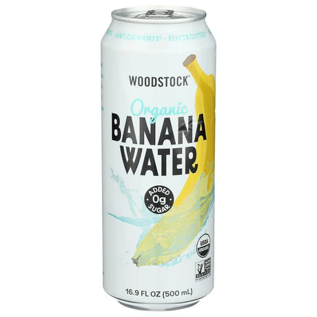 Can of Woodstock Organic Banana Water on a white background