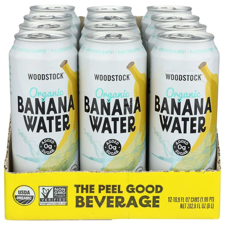 Pack of Woodstock Organic Banana Water cans with banana illustration on a white background