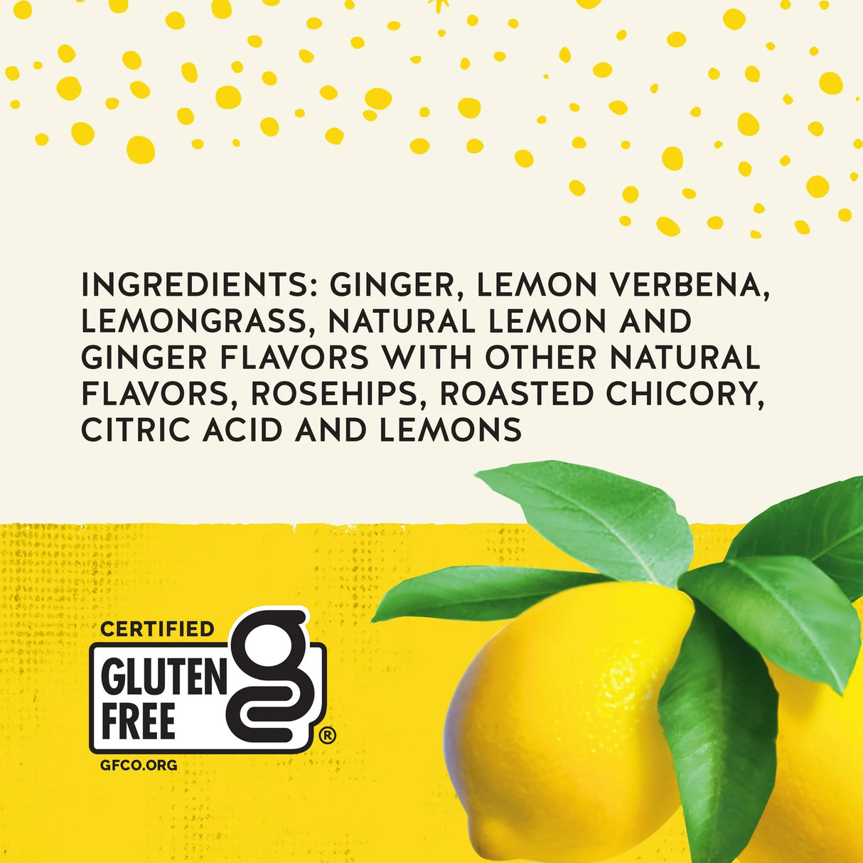 Lemon with green leaves on a yellow background, featuring ingredient list and gluten-free certification logo.