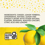 Lemon with green leaves on a yellow background, featuring ingredient list and gluten-free certification logo.