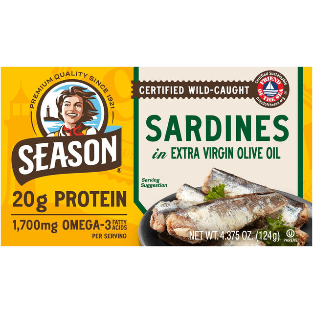 Front packaging of a Season brand box of wild-caught sardines in extra virgin olive oil, featuring a yellow and cream design with product imagery and text.