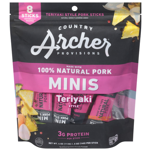 Country Archer Jrky Pork Mini Teri Sticks - Case of 10 - 4 Oz Each - Cozy Farm 