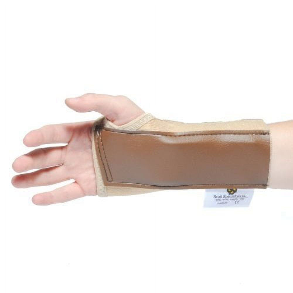 Hand wearing a beige wrist support brace on a white background