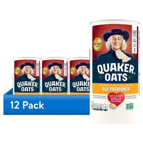 Quaker Oats packaging with a display of 12 cans on a white background