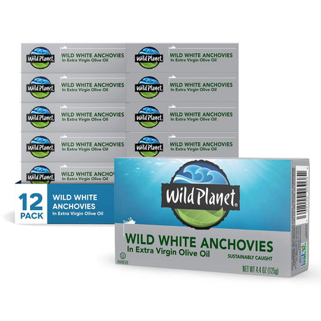 12 boxes of Wild Planet wild white anchovies in extra virgin olive oil on a white background