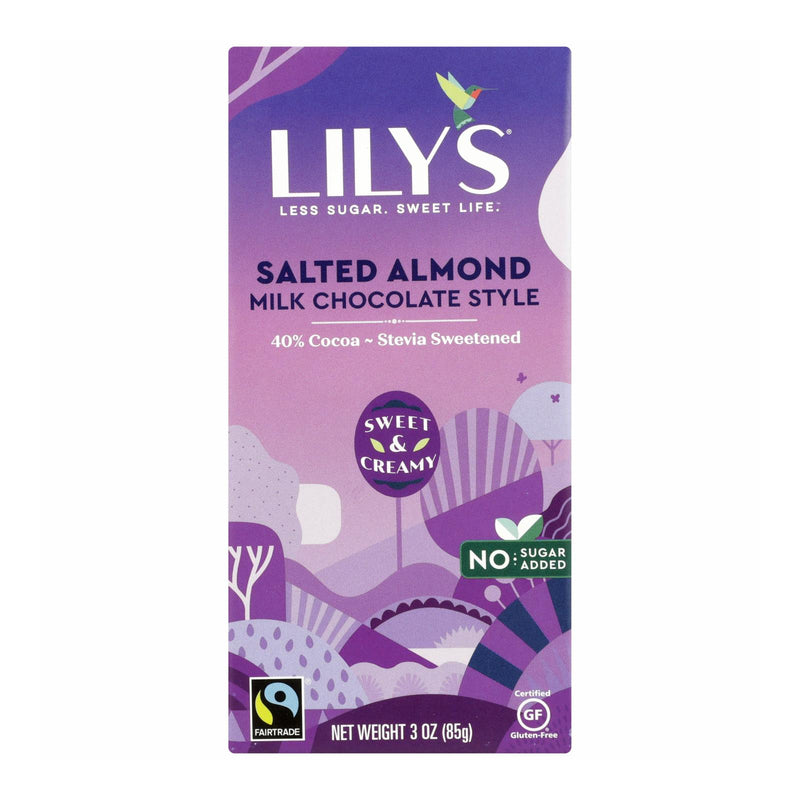 Lily's Sweets Chocolate Bar - Milk Chocolate - 40% Cocoa - Salted Almond - 3 Oz Bars - Case of 12 (Pack of 12) - Cozy Farm 