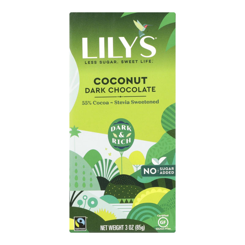 Lily's Sweets Dark Chocolate Bar: 55% Cocoa, Coconut - 3 Oz Bars (Pack of 12) - Cozy Farm 