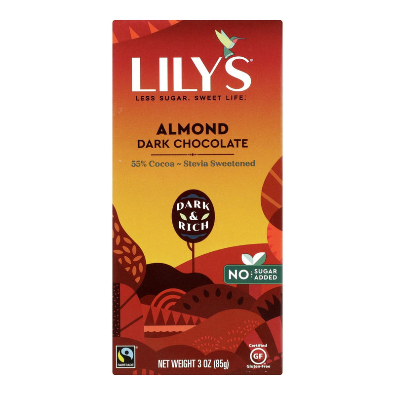 Lily's Sweets Dark Chocolate with Almonds - 55% Cocoa - 3 Oz Bar - Case of 12 - Cozy Farm 