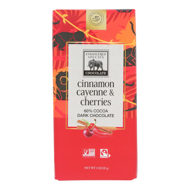 Endangered Species Natural Chocolate Bars - Dark Chocolate - 60 Percent Cocoa - Cinnamon Cayenne And Cherries - 3 Oz Bars - Case Of 12 - Cozy Farm 