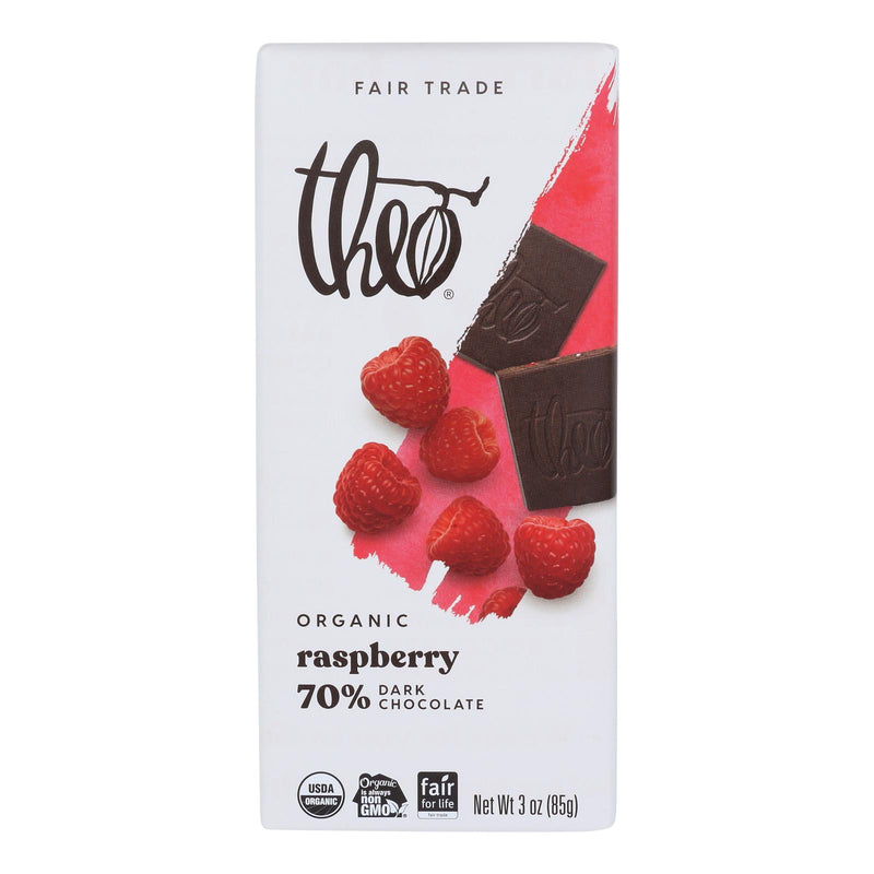Theo Chocolate Organic Chocolate Bar - Classic - Dark Chocolate - 70 Percent Cacao - Raspberry - 3 Oz Bars - Case Of 12 - Cozy Farm 