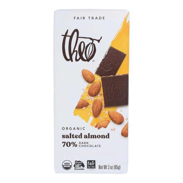 Theo Organic Dark Chocolate Bar - Classic - 70% Cacao - Salted Almond - 3 Oz Bar - Case of 12 - Cozy Farm 