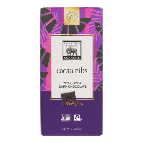 Endangered Species 72% Dark Chocolate Bars with Cacao Nibs - 3 Oz Bars (Pack of 12) - Cozy Farm 