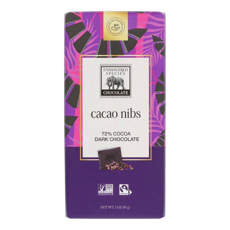 Endangered Species Natural Chocolate Bars - Dark Chocolate - 72 Percent Cocoa - Cacao Nibs - 3 Oz Bars - Case Of 12 - Cozy Farm 