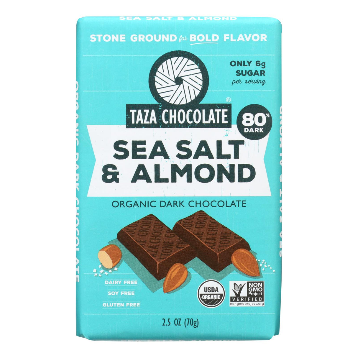 Taza Organic Sea Salt & Almond Dark Chocolate Bar, 2.5 Oz. (Case of 10) - Cozy Farm 