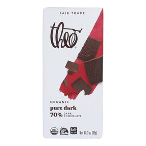 Theo Chocolate Organic Classic Dark Chocolate Bar, 70% Cacao, 3 Oz, Case of 12 - Cozy Farm 