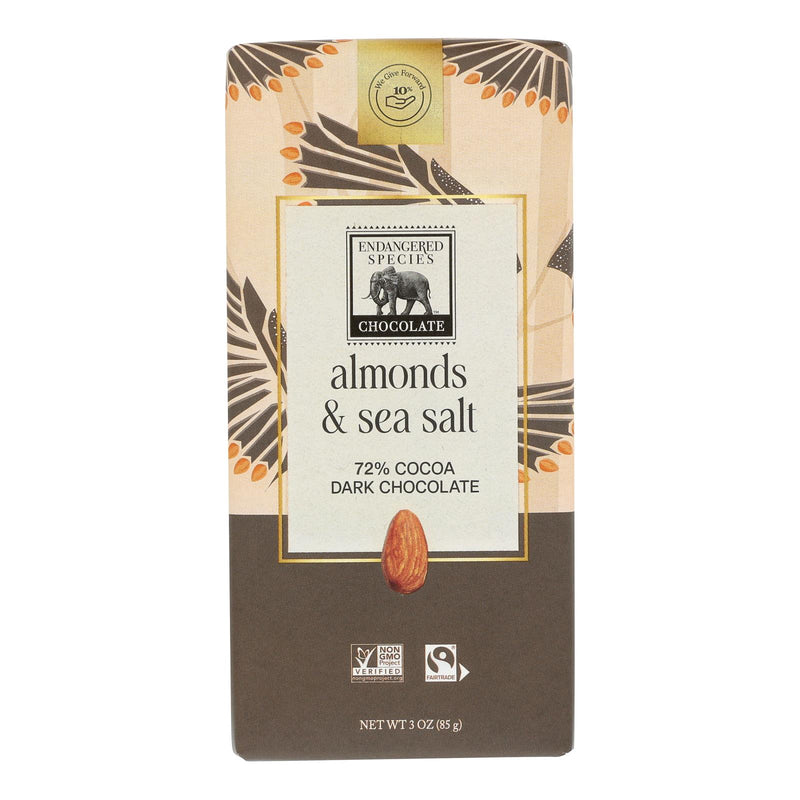 Endangered Species Natural Chocolate Bar - Dark Chocolate - 72 Percent Cocoa - Sea Salt And Almonds - 3 Oz Bars - Case Of 12 - Cozy Farm 