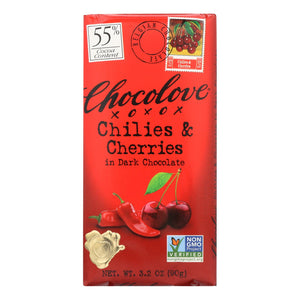 Chocolove XOXOX Premium Dark Chocolate Bar with Fiery Chilies and Sweet Cherries, 3.2 Oz (Pack of 12) - Cozy Farm 