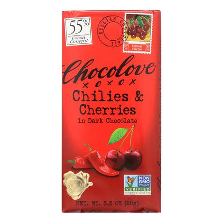 Chocolove XOXOX Premium Dark Chocolate Bar with Fiery Chilies and Sweet Cherries, 3.2 Oz (Pack of 12) - Cozy Farm 