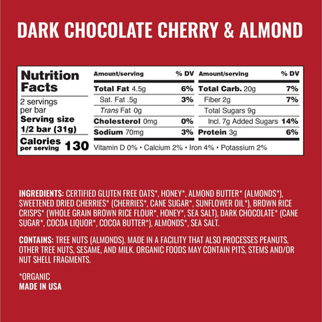 Kate's Real Food Organic Dark Chocolate Cherry Almond Energy Bar, 2.2 oz, Case of 12