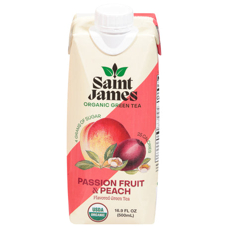 Saint James Organic Passionfruit Peach Green Tea - Case of 12 - 16.9 fl oz Bottles - Cozy Farm 