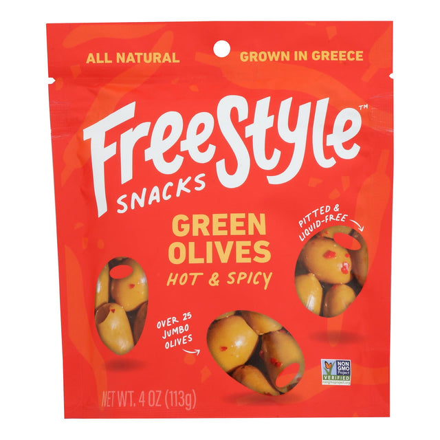 Freestyle Snacking Olives Green Hot & Spicy | Heat Up Your Snack Time | 4 Ounce (Case of 6) - Cozy Farm 