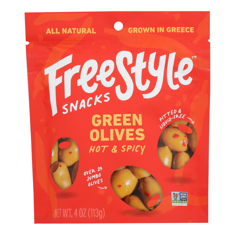Freestyle Snacking Olives Green Hot And Spicy (Case of 6 - 4 Ounce) - Cozy Farm 
