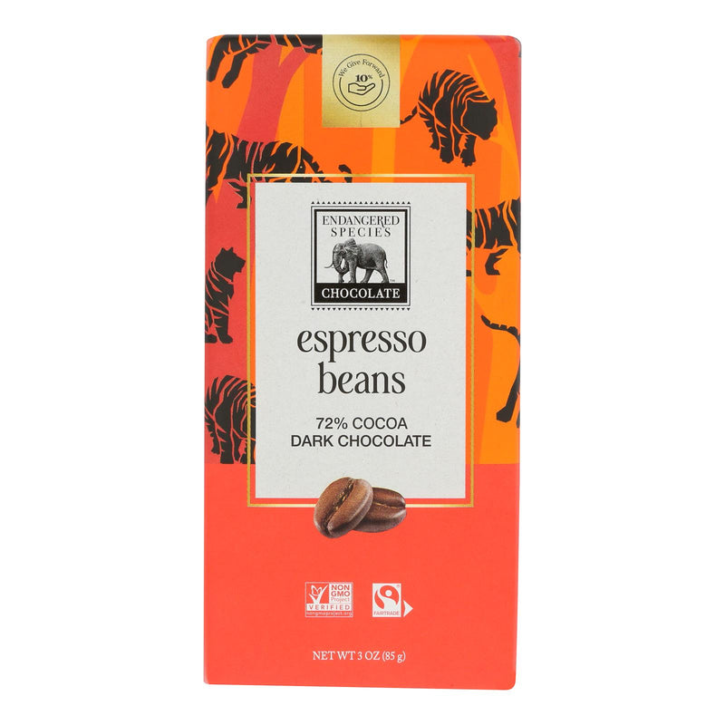 Endangered Species Natural Chocolate Bars - 72% Dark Chocolate with Espresso Beans - 3 Oz Bars - Case of 12 - Cozy Farm 